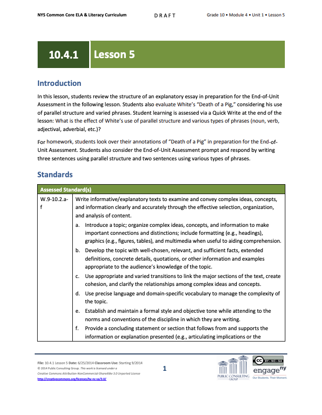 Grade 10 ELA Module 4: Unit 1, Lesson 5 Lesson Plan