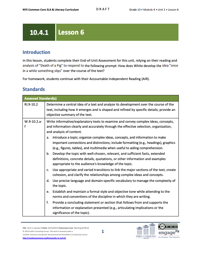 Grade 10 ELA Module 4: Unit 1, Lesson 6 Lesson Plan