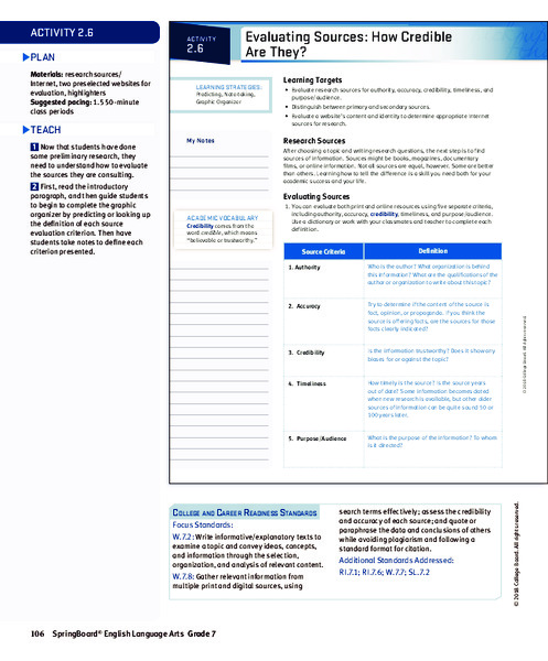 Evaluating Sources: How Credible Are They? Activity