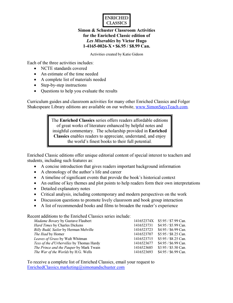 Les Miserables Classroom Activities Lesson Plan