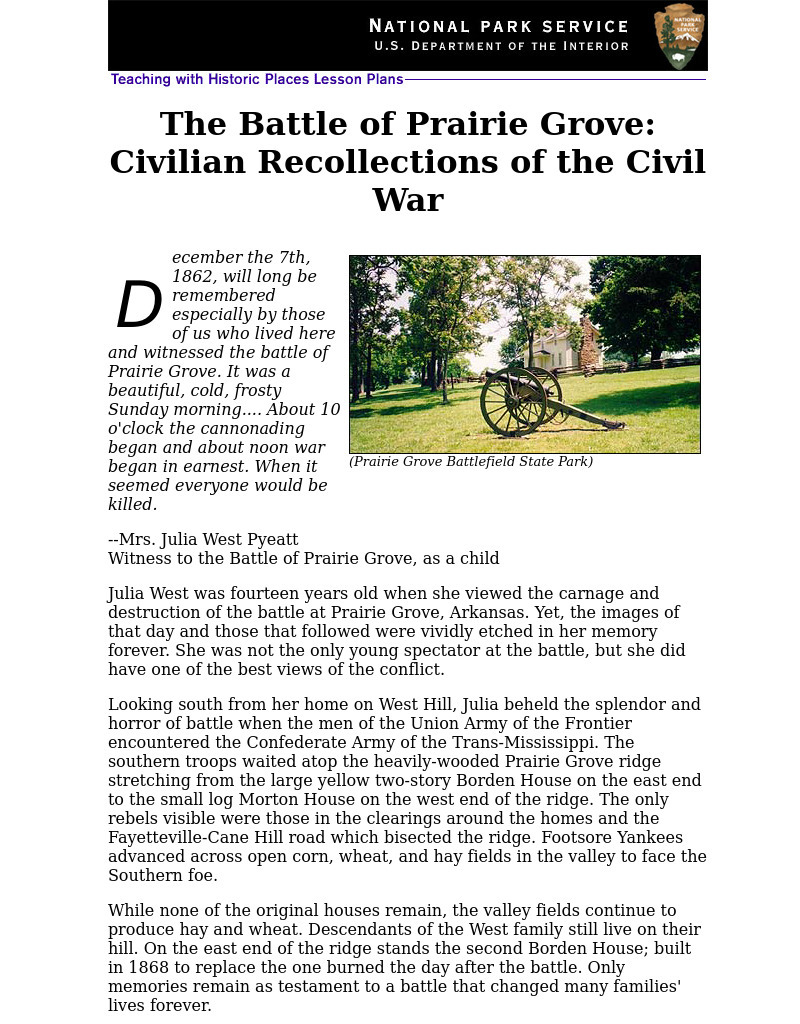 The Battle of Prairie Grove: Civilian Recollections of the Civil War (70) Unit Plan