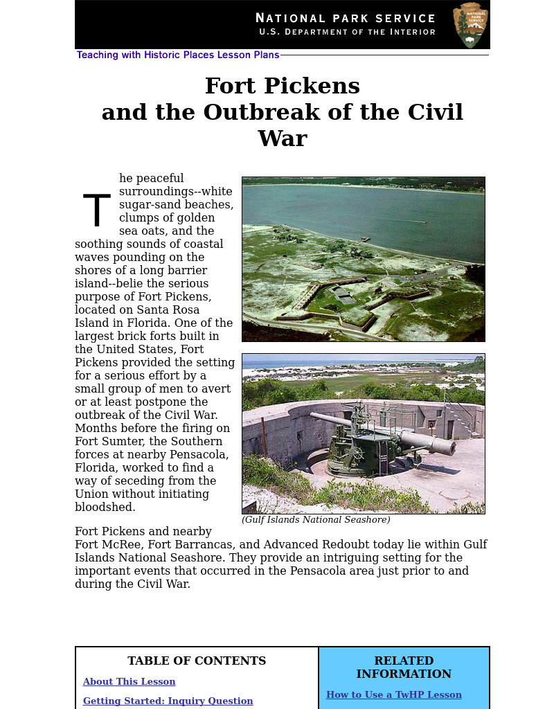 Fort Pickens and the Outbreak of the Civil War (38) Lesson Plan