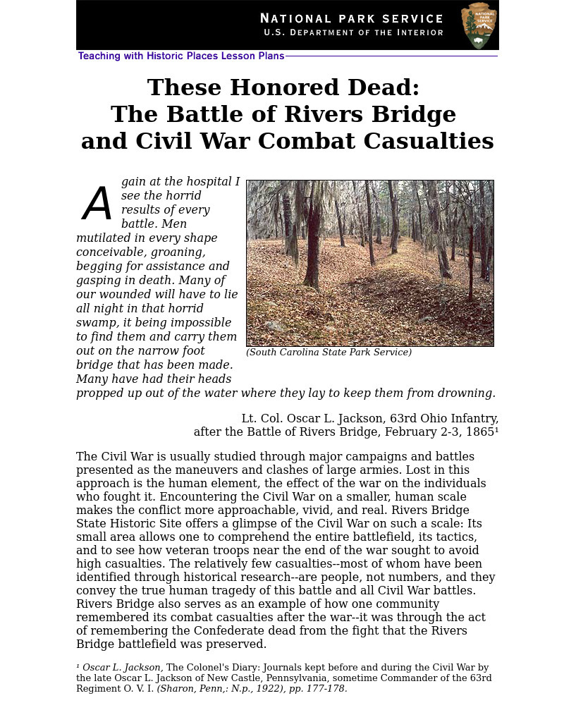 These Honored Dead: The Battle of Rivers Bridge and Civil War Combat Casualties (94) Lesson Plan