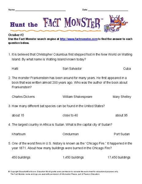 Hunt the Fact Monster Worksheet
