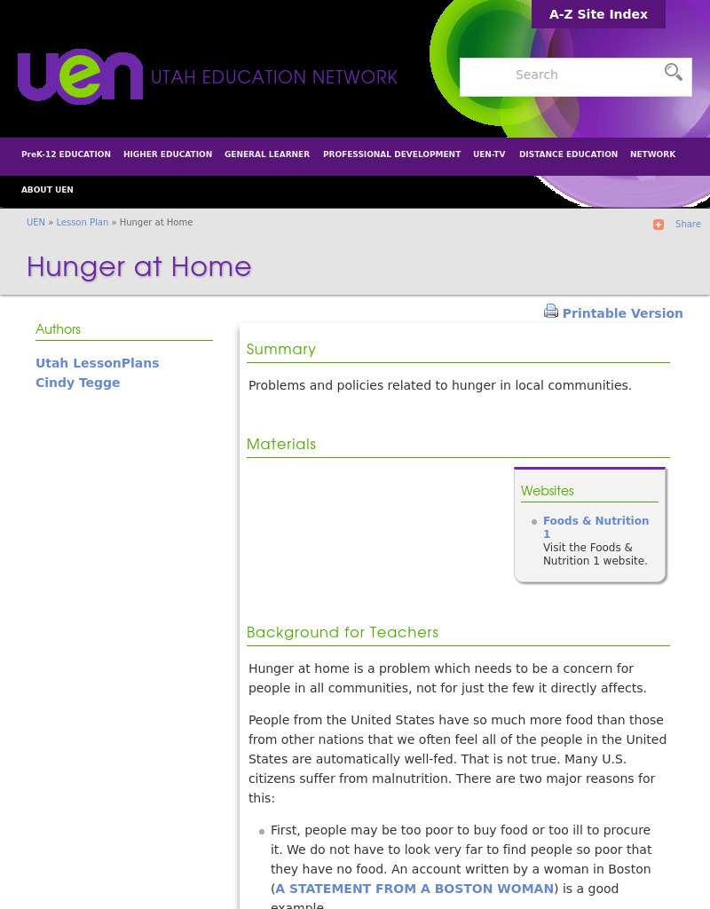 Hunger at Home Lesson Plan