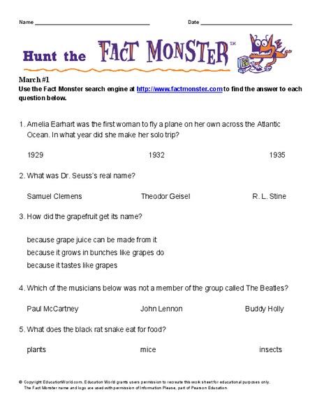 Hunt the Fact Monster Worksheet