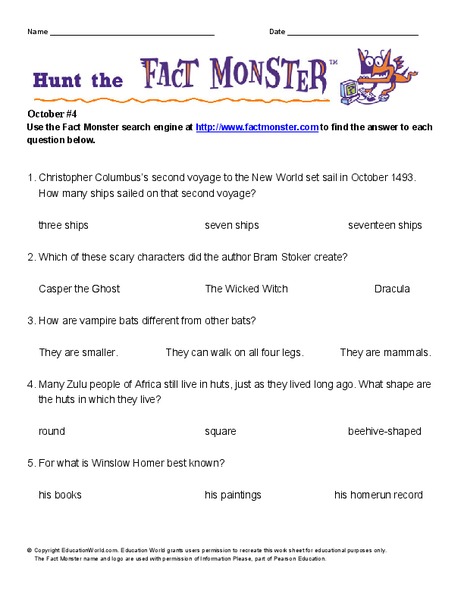 Hunt the Fact Monster Worksheet