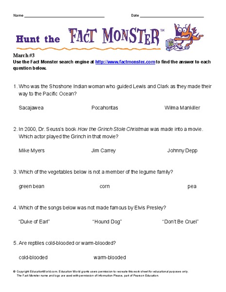 Hunt the Fact Monster Worksheet