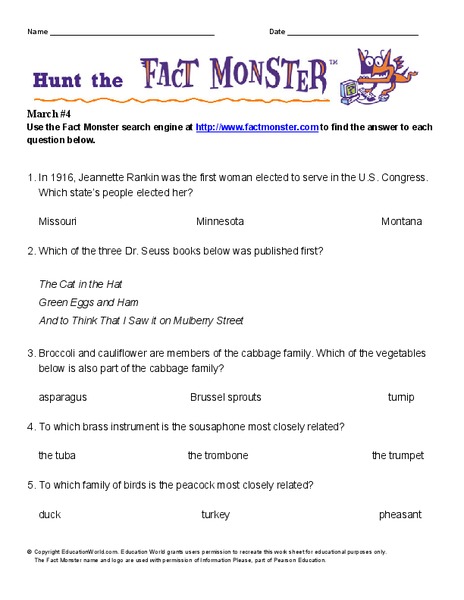 Hunt the Fact Monster Worksheet