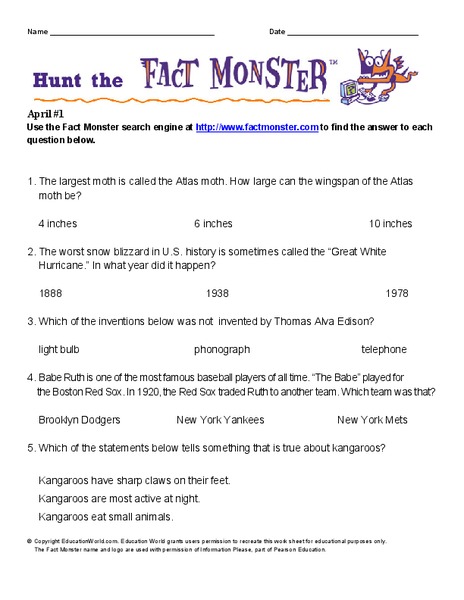 Hunt the Fact Monster Worksheet
