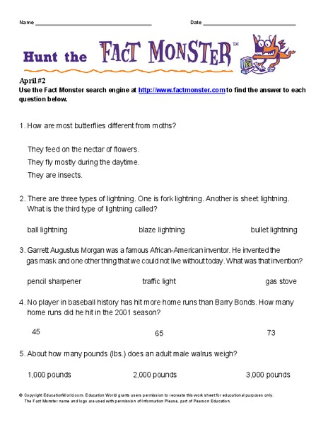 Hunt the Fact Monster Worksheet