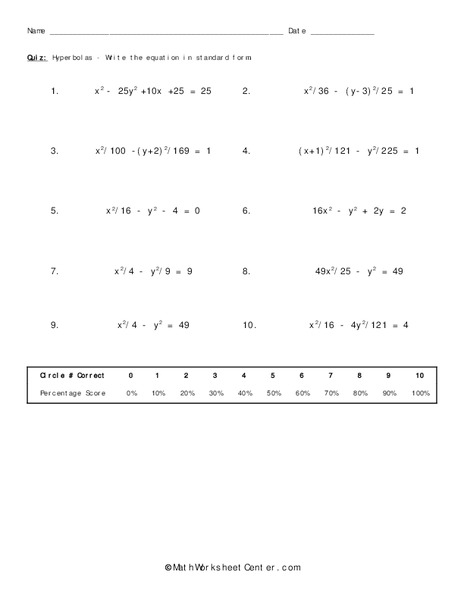 Hyperbolas Worksheet