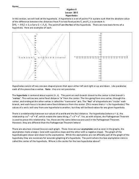 Hyperbolas Worksheet