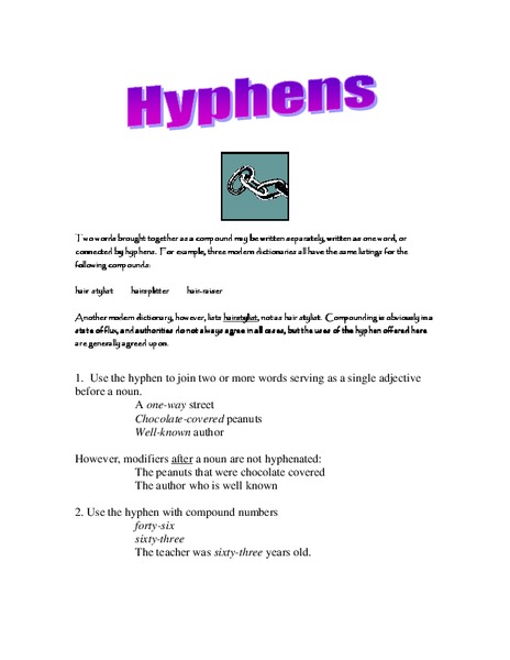 Hyphens  Worksheet