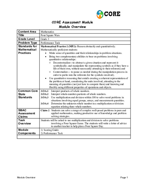 Four Square Wars Assessment
