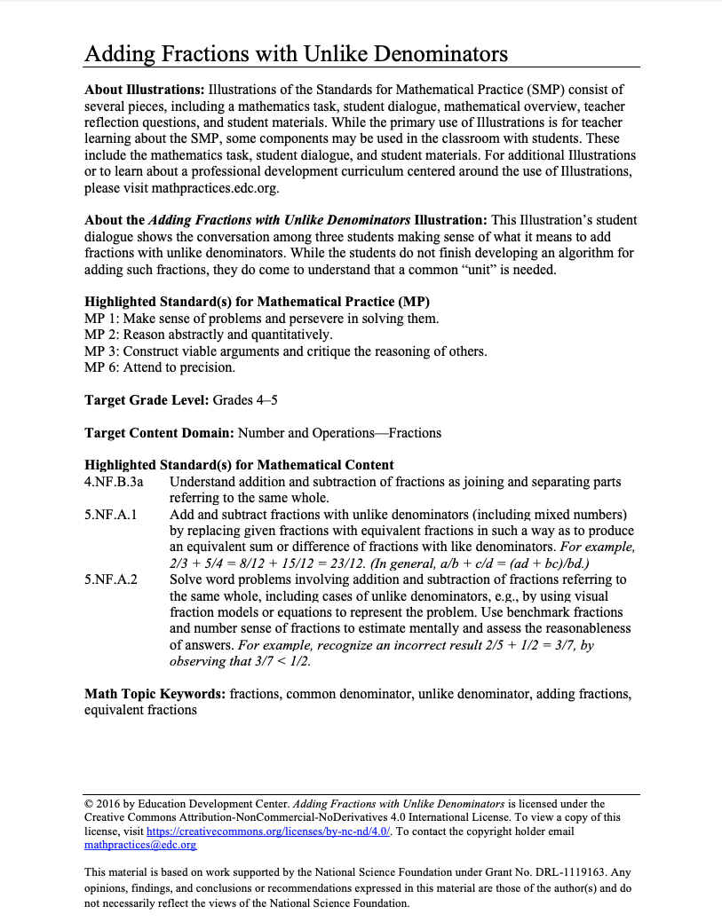Adding Fractions with Unlike Denominators Activity