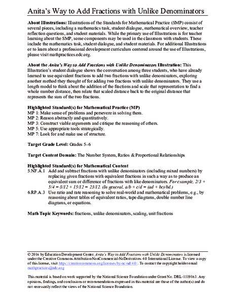 Anita's Way to Add Fractions with Unlike Denominators Activity