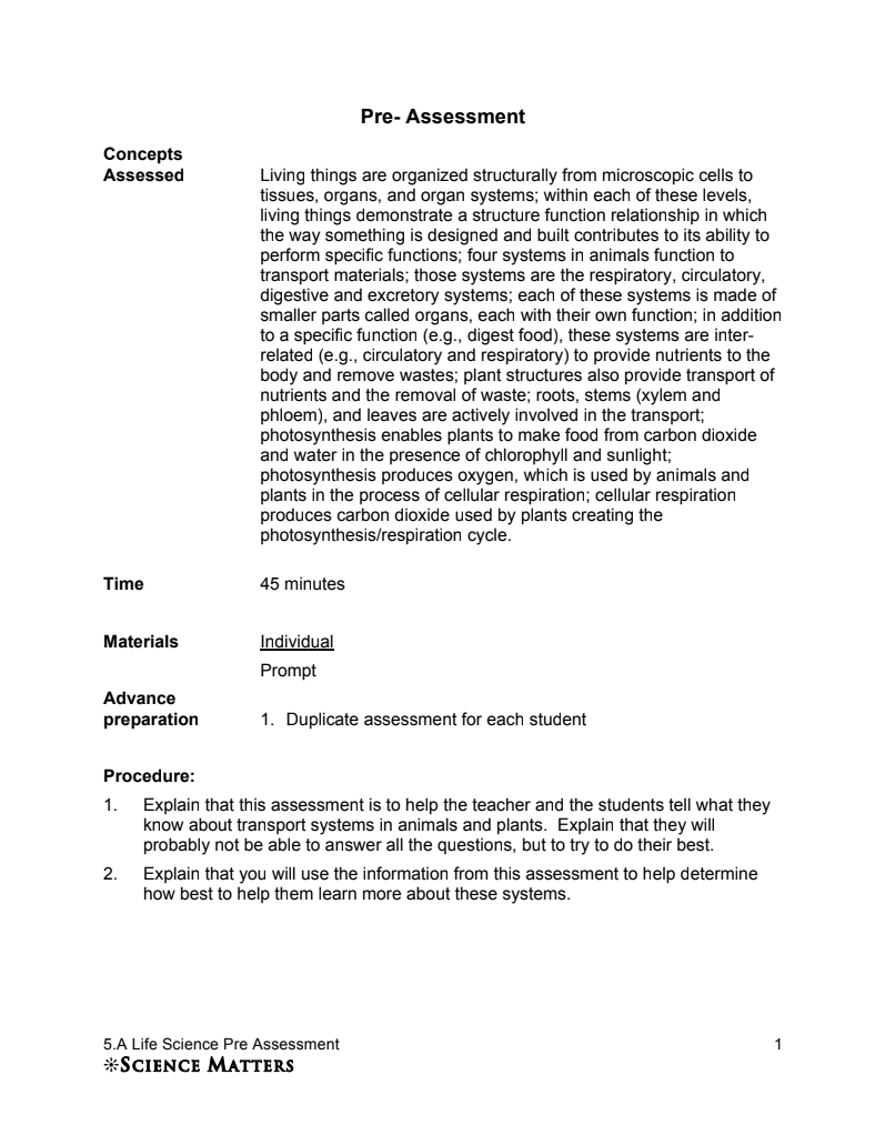 Pre-Assessment: Transport Systems in Animals and Plants Assessment