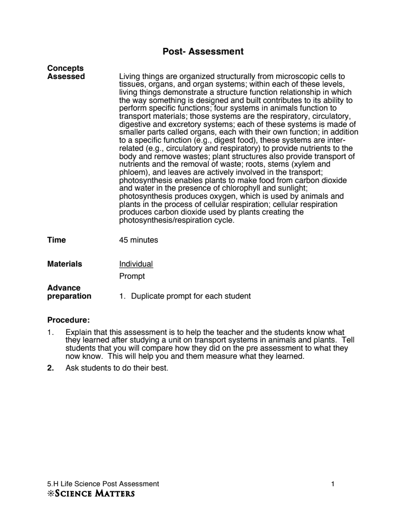 Post- Assessment: Transport Systems in Animals and Plants Assessment