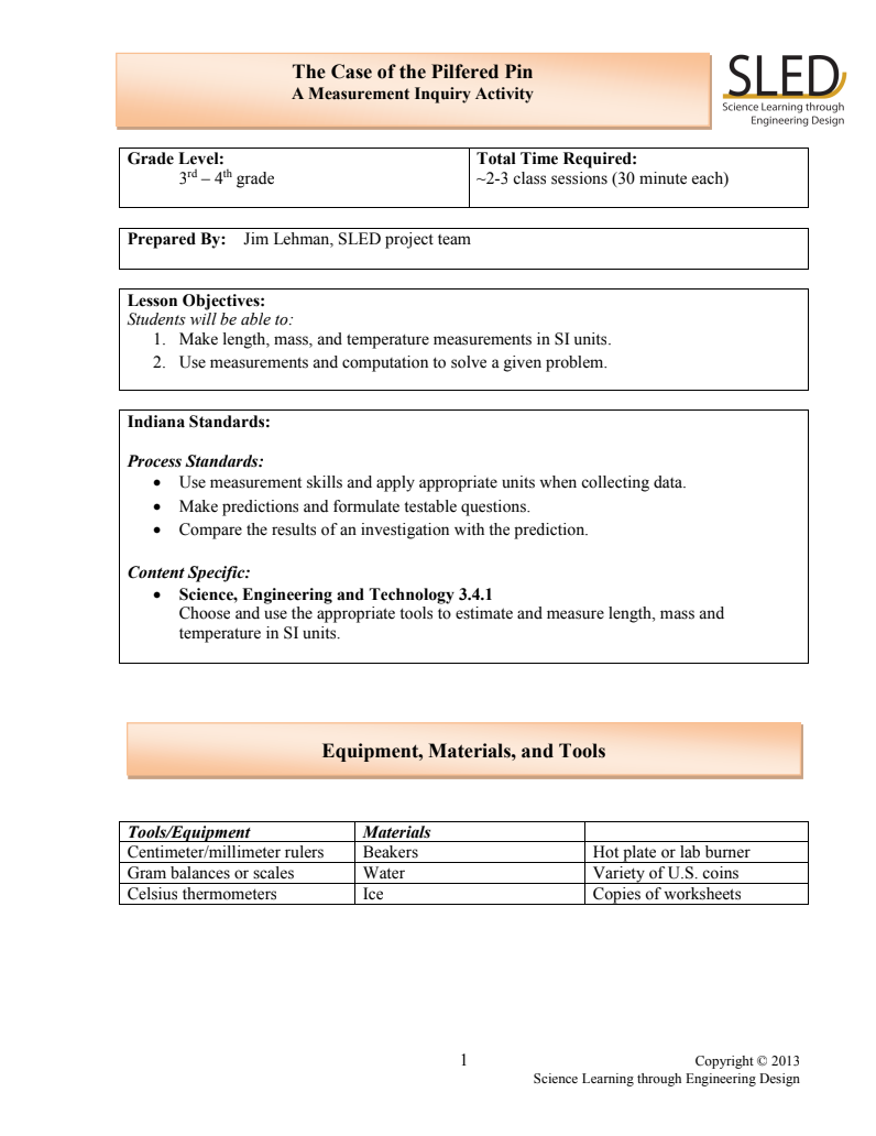 The Case of the Pilfered Pin: A Measurement Inquiry Activity Lesson Plan
