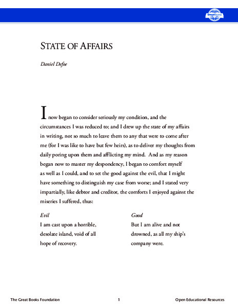 State of Affairs Worksheet