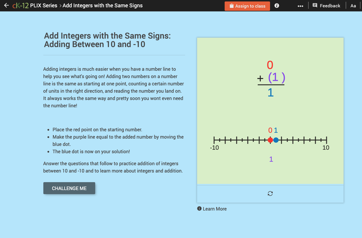 Sums of Integers with Different Signs: Adding Between 10 and -10 Interactive