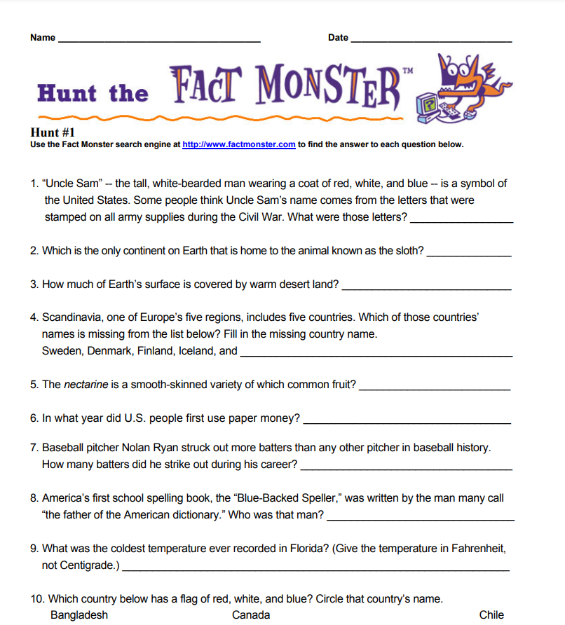 Hunt the Fact Monster Worksheet