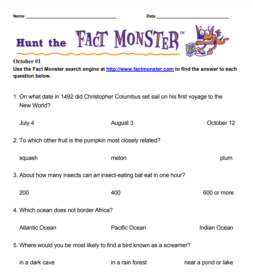 Hunt the Fact Monster Lesson Plan