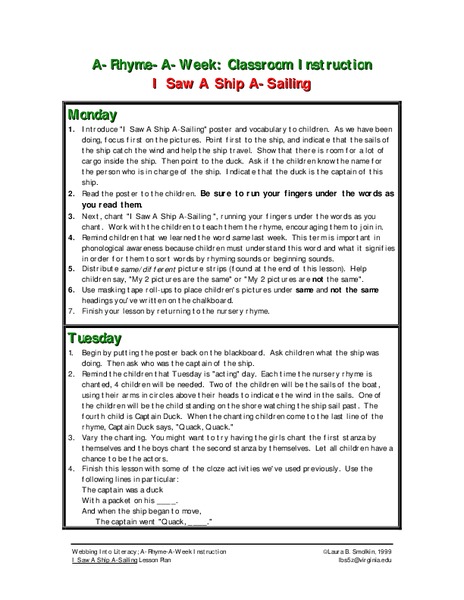 I Saw A Ship A-Sailing Lesson Plan