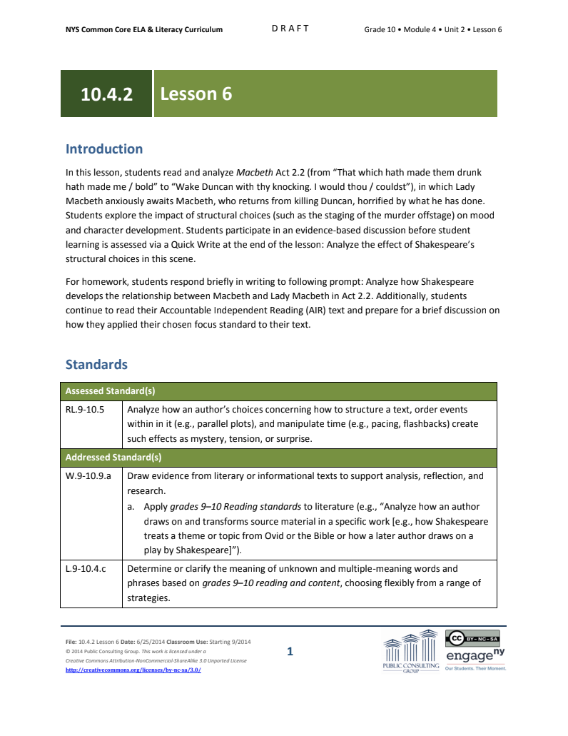 Grade 10 ELA Module 4: Unit 2, Lesson 6 Lesson Plan
