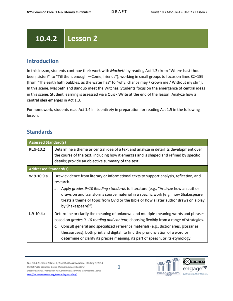 Grade 10 ELA Module 4: Unit 2, Lesson 2 Lesson Plan