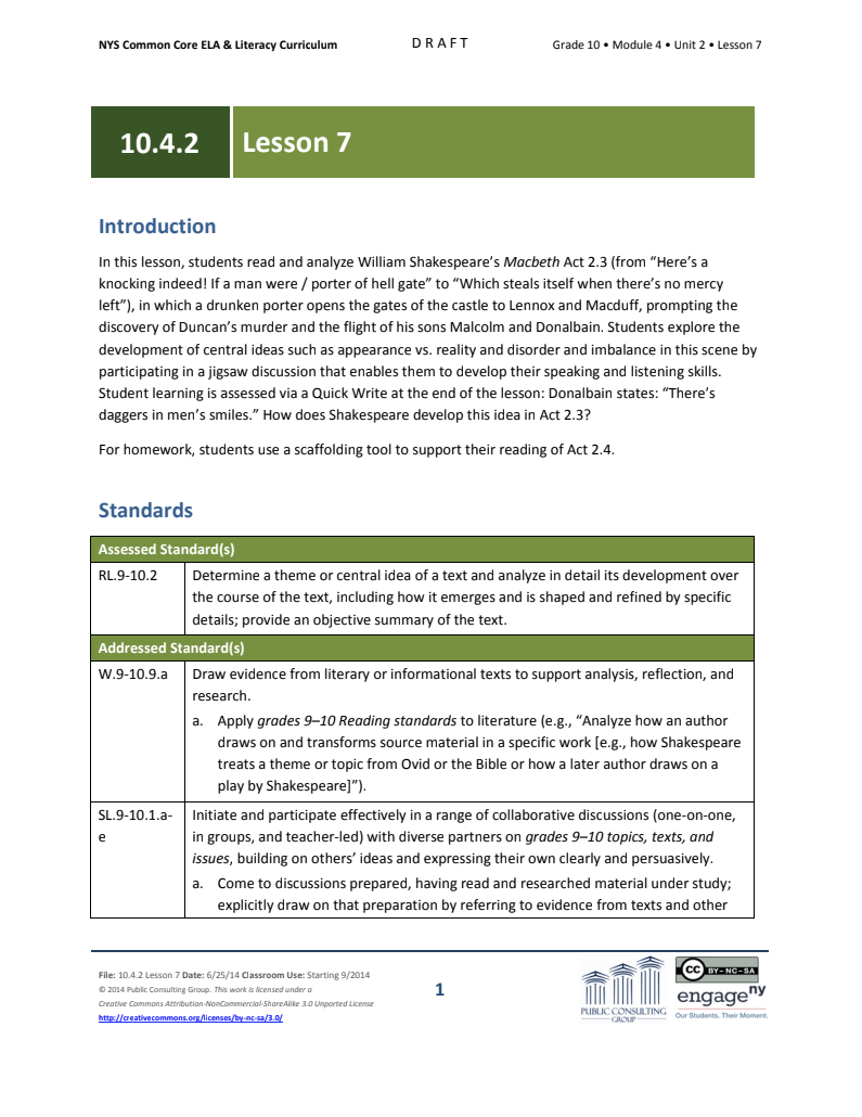 Grade 10 ELA Module 4: Unit 2, Lesson 7 Lesson Plan