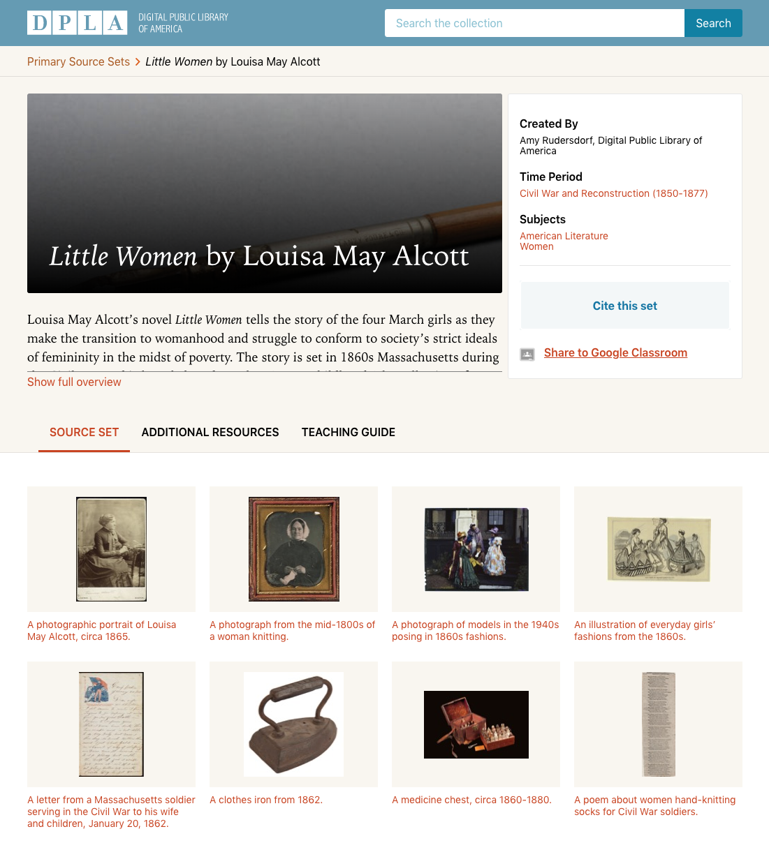 Primary Source Set: Little Women by Louisa May Alcott Activity