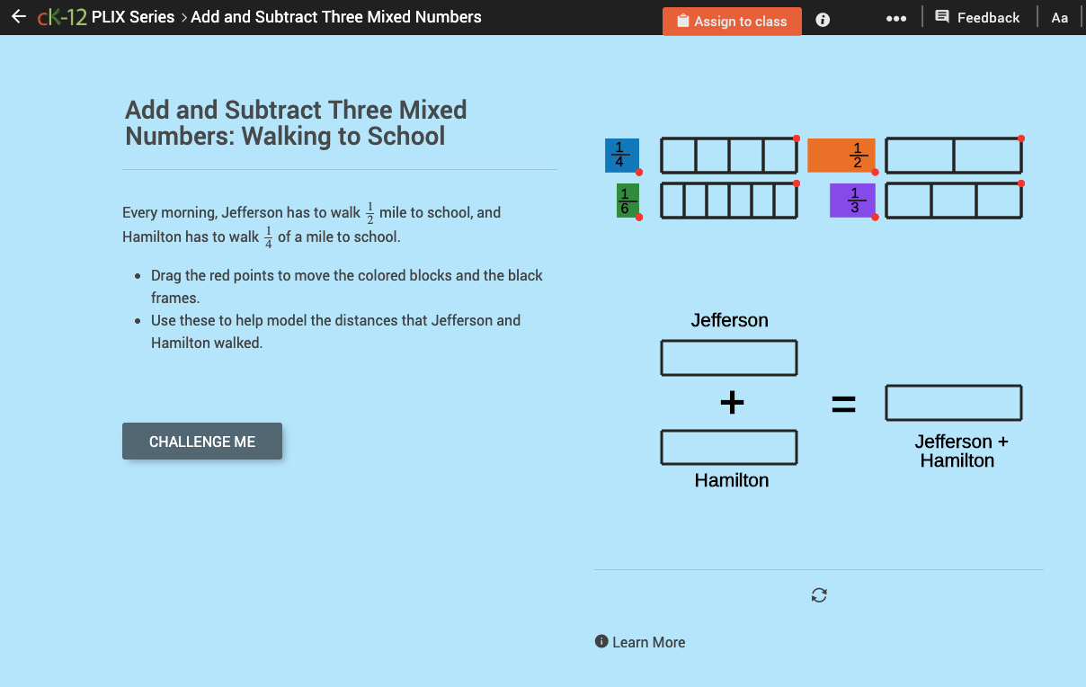 Add and Subtract Three Mixed Numbers: Walking to School Interactive