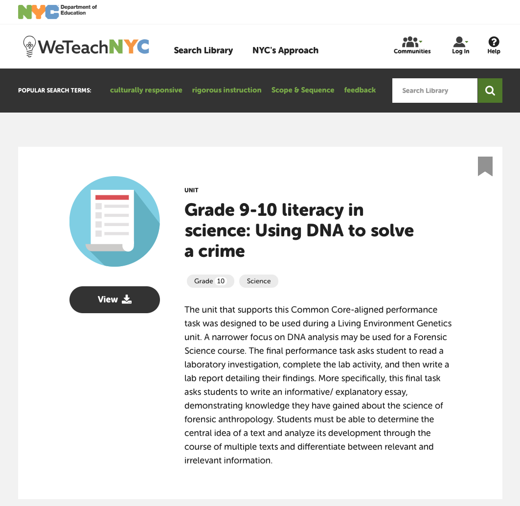 Grade 9-10 Literacy in Science: Using DNA to Solve a Crime Unit Plan