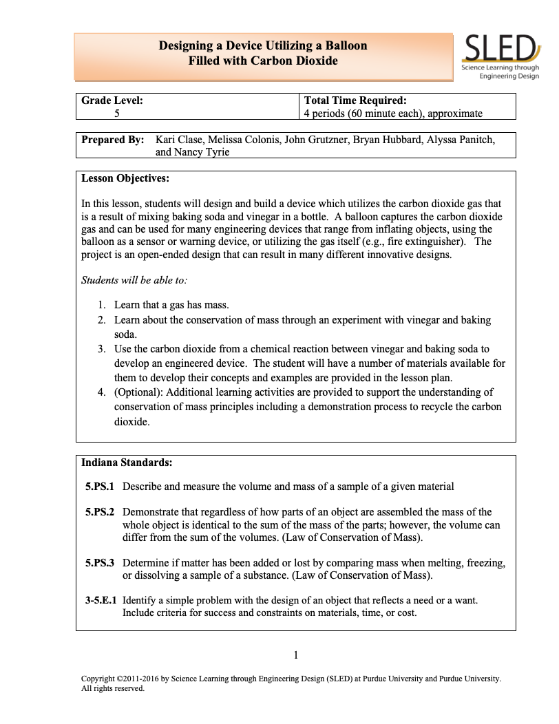 Designing a Device Utilizing a Balloon Filled with Carbon Dioxide Lesson Plan