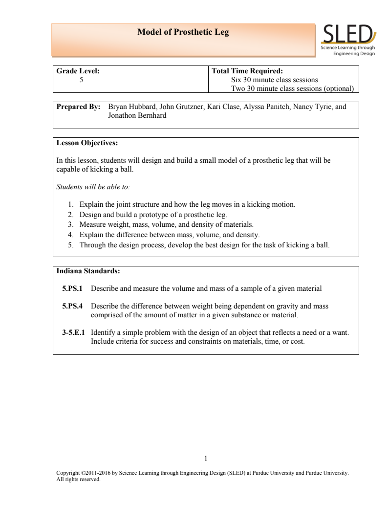 Model of Prosthetic Leg Lesson Plan