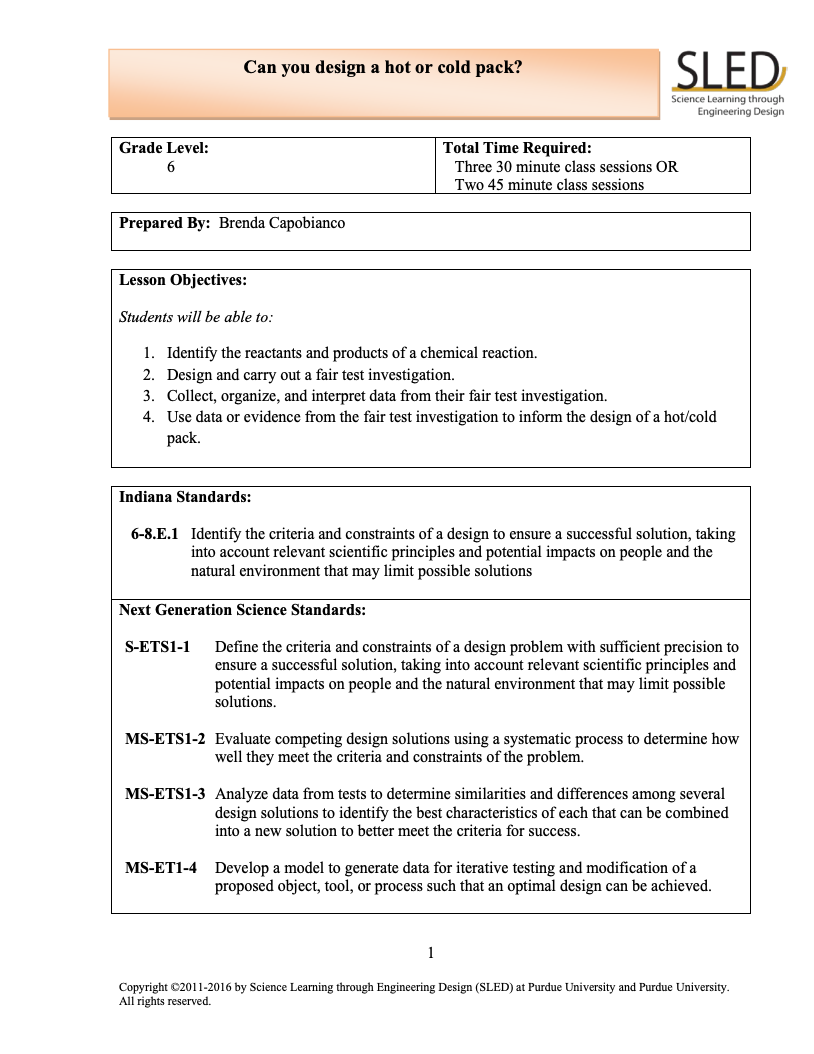 Can You Design a Hot or Cold Pack? Lesson Plan