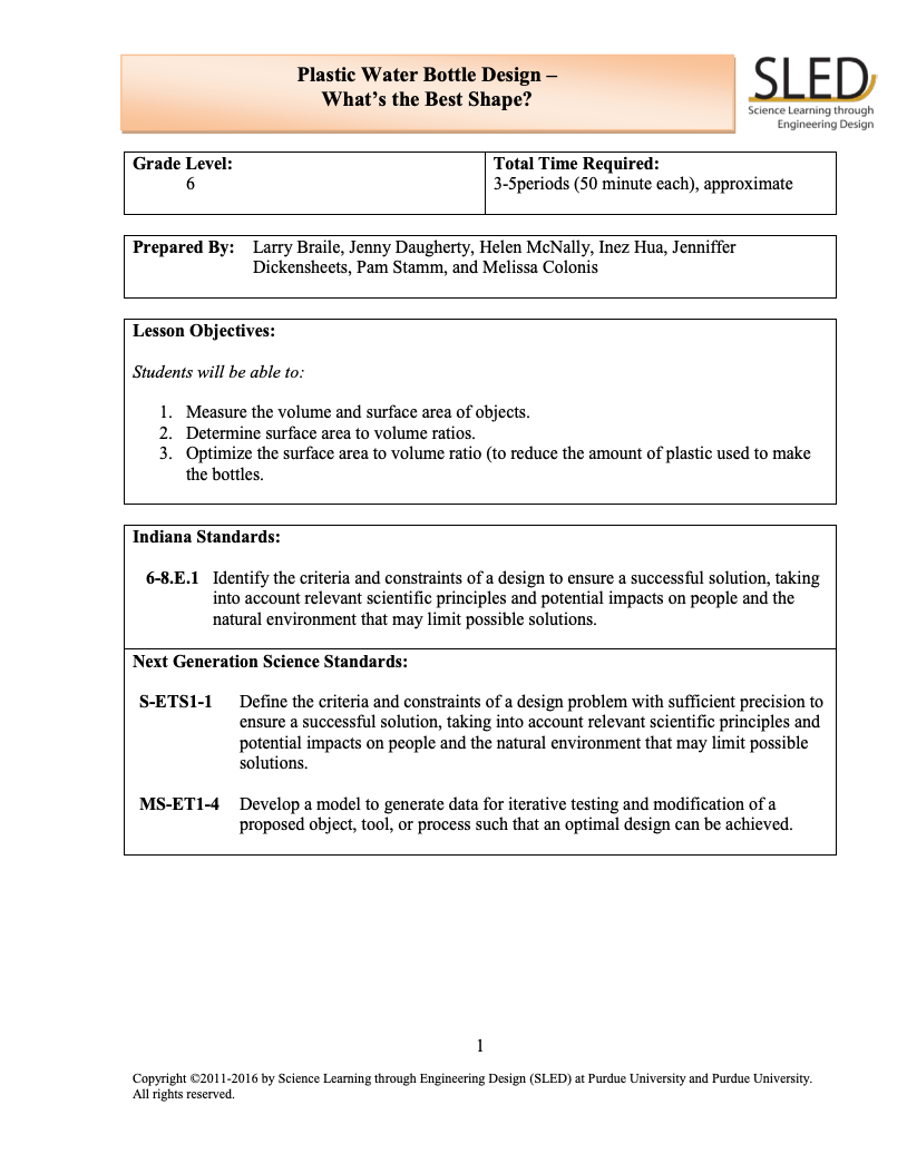 Plastic Water Bottle Design – What’s the Best Shape? Lesson Plan