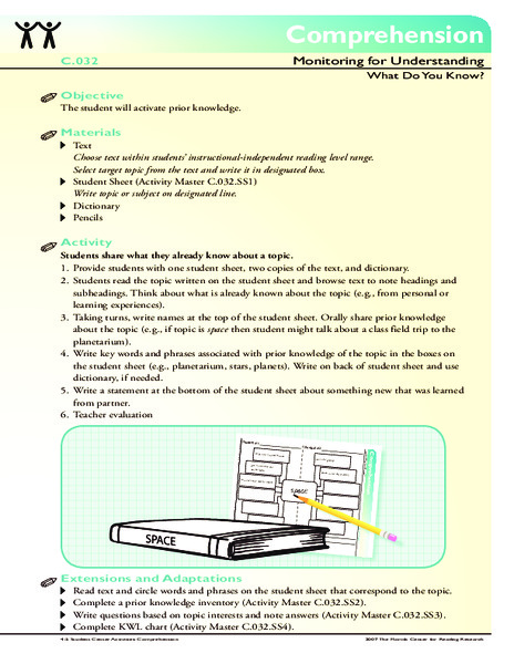 Comprehension: Monitoring for Understanding, What Do You Know? Activity