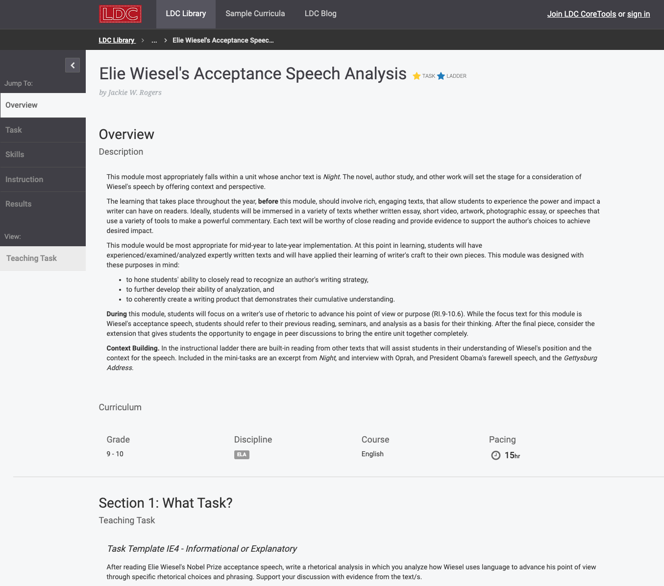 Elie Wiesel's Acceptance Speech Analysis Lesson Plan