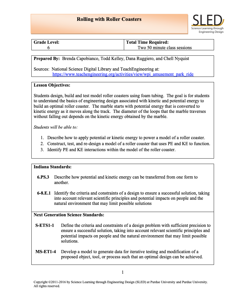 Rolling with Roller Coasters Lesson Plan