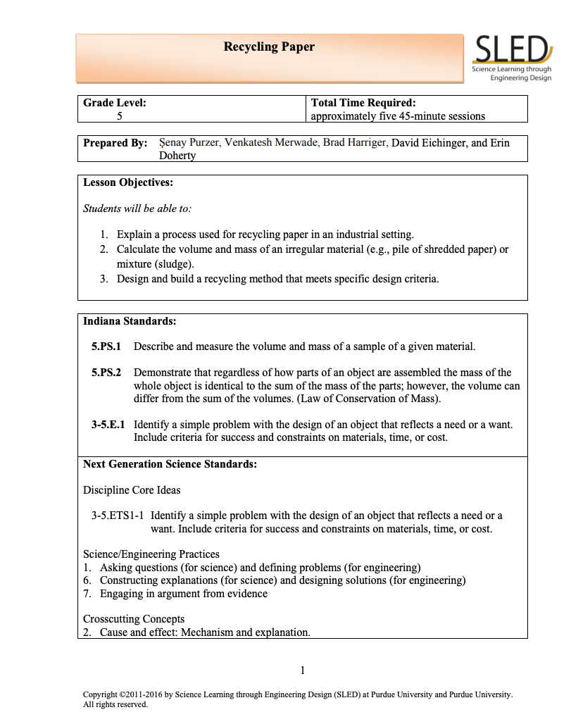 Recycling Paper Lesson Plan