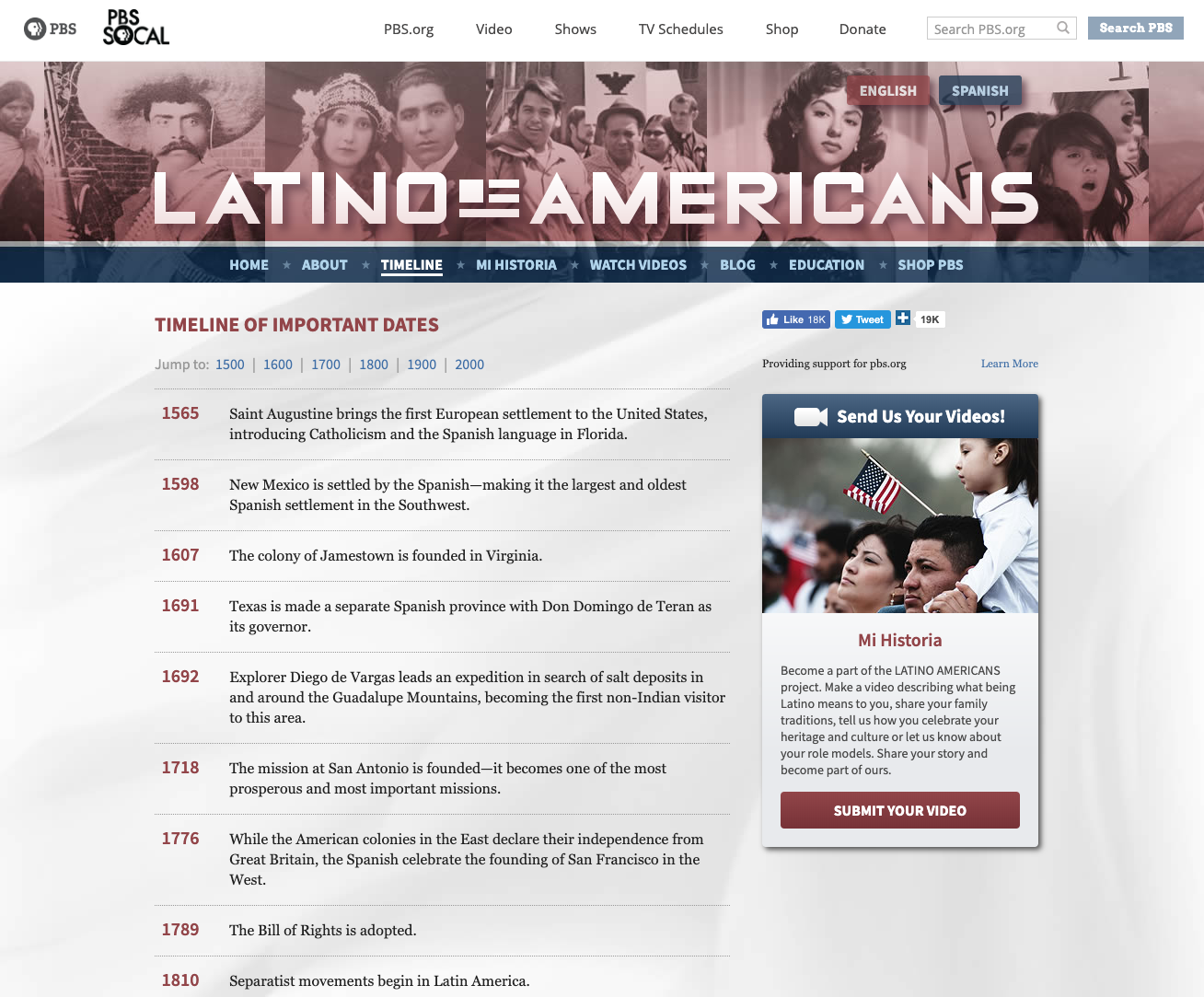 Latino Americans: Timeline of Important Dates Website