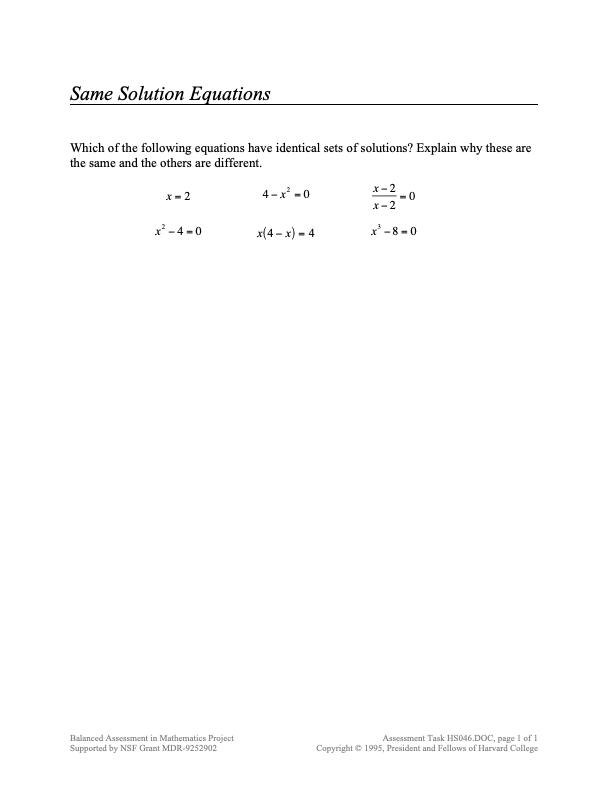 Same Solution Equations Assessment