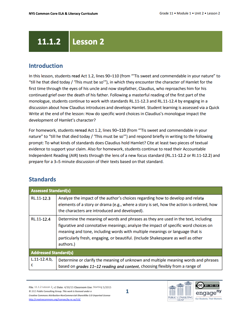 Grade 11 ELA Module 1: Unit 2, Lesson 2 Lesson Plan