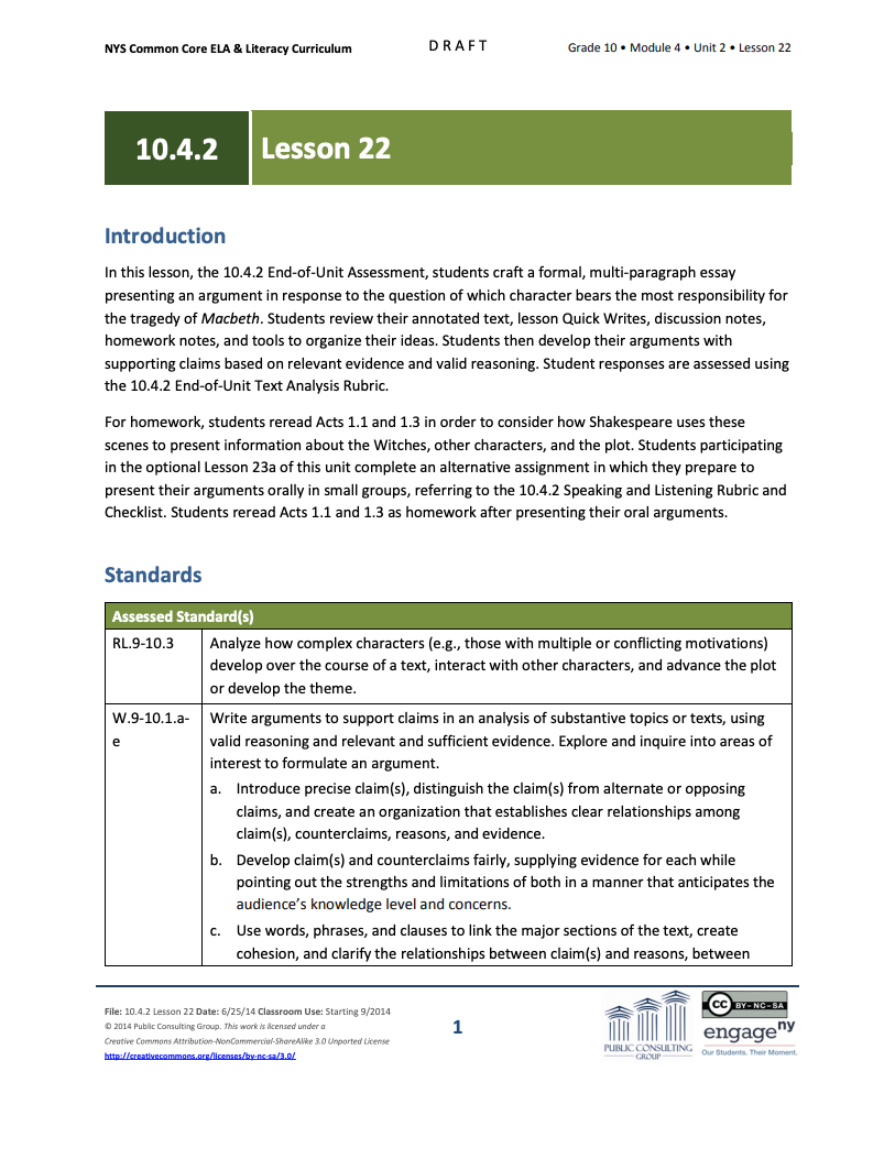 Grade 10 ELA Module 4, Unit 2, Lesson 22 Lesson Plan