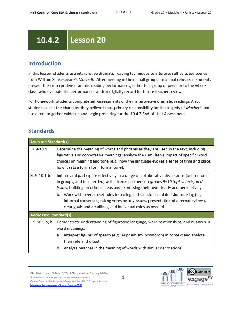 Grade 10 ELA Module 4, Unit 2, Lesson 20 Lesson Plan