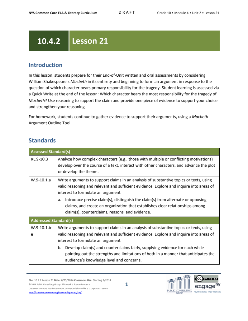 Grade 10 ELA Module 4, Unit 2, Lesson 21 Lesson Plan