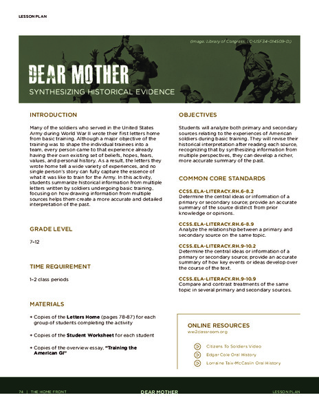 Dear Mother: Synthesizing Historical Evidence Lesson Plan